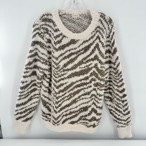POL Sweater Tan White Zebra Striped Fuzzy Pullover Long Sleeve‎ Top Size S